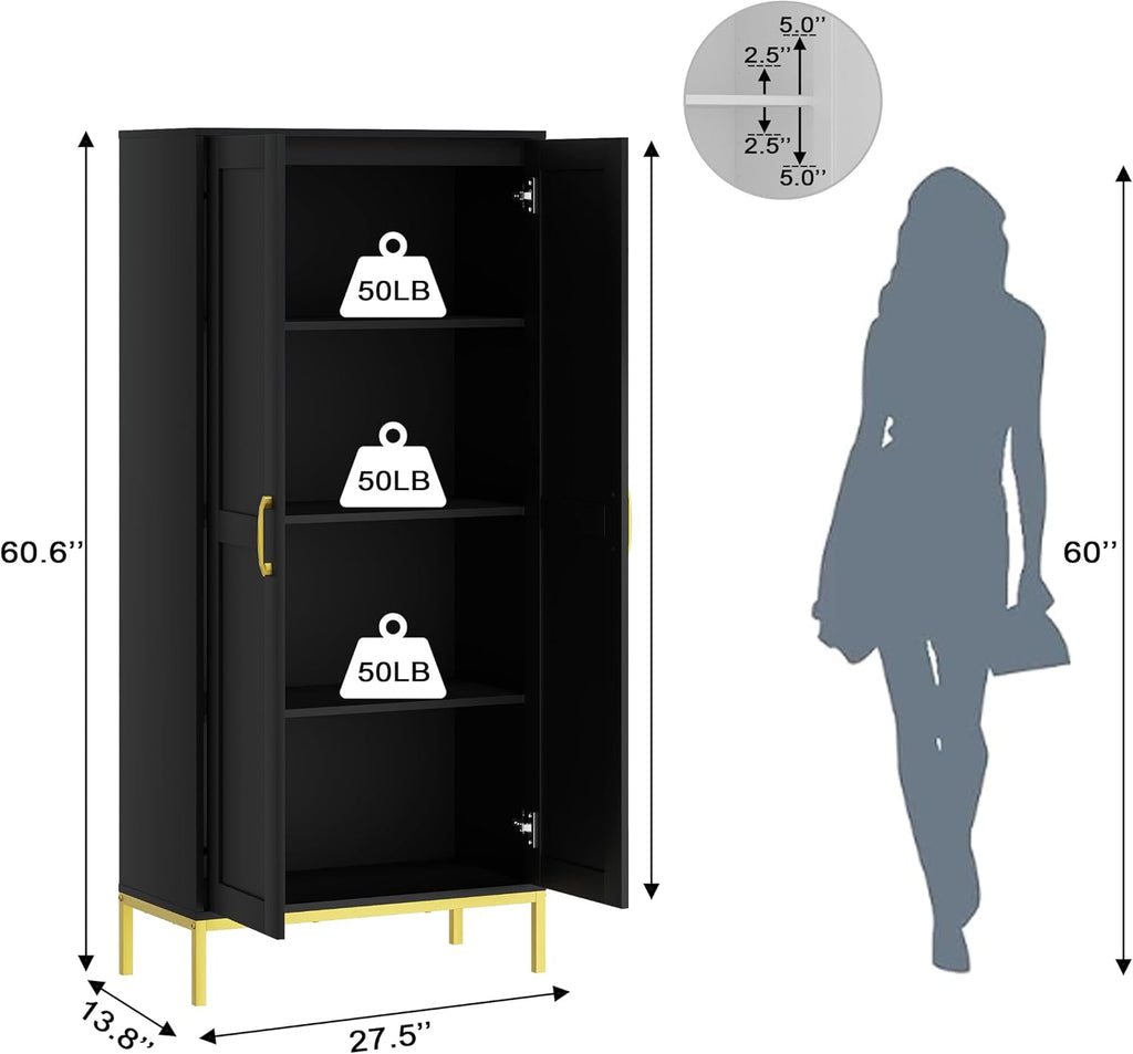 Kitchen Pantry Cabinet,Kitchen Pantry with 2 Adjustable Shelves,4 Shelf Cabinet,Freestanding Floor Cabinet,Unit for Garage Storage,Pantry,Laundry Room,Organization and Storage,Black
