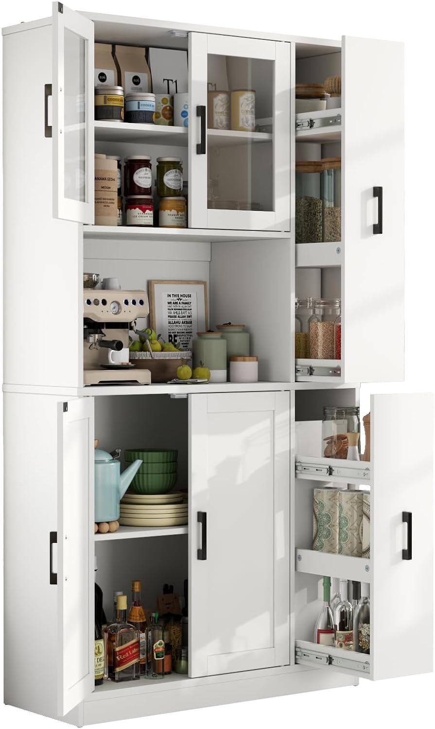 68" Kitchen Pantry Cabinet with Side Drawer, Kitchen Pantry Storage Cabinet | Tall White Pantry with Acrylic Door, Freestanding Food Hutch with Microwave Stand for Dining Room, Kitchen