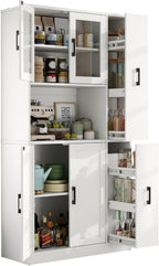 68" Kitchen Pantry Cabinet with Side Drawer, Kitchen Pantry Storage Cabinet | Tall White Pantry with Acrylic Door, Freestanding Food Hutch with Microwave Stand for Dining Room, Kitchen