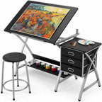 Drafting Table for Adults/Artists, Drawing Desk, Tabletop Adjustable Art/Craft Desk with Stool and 3 Slide Drawers, Sketching Painting Artwork Station for Art Studio Home Office School