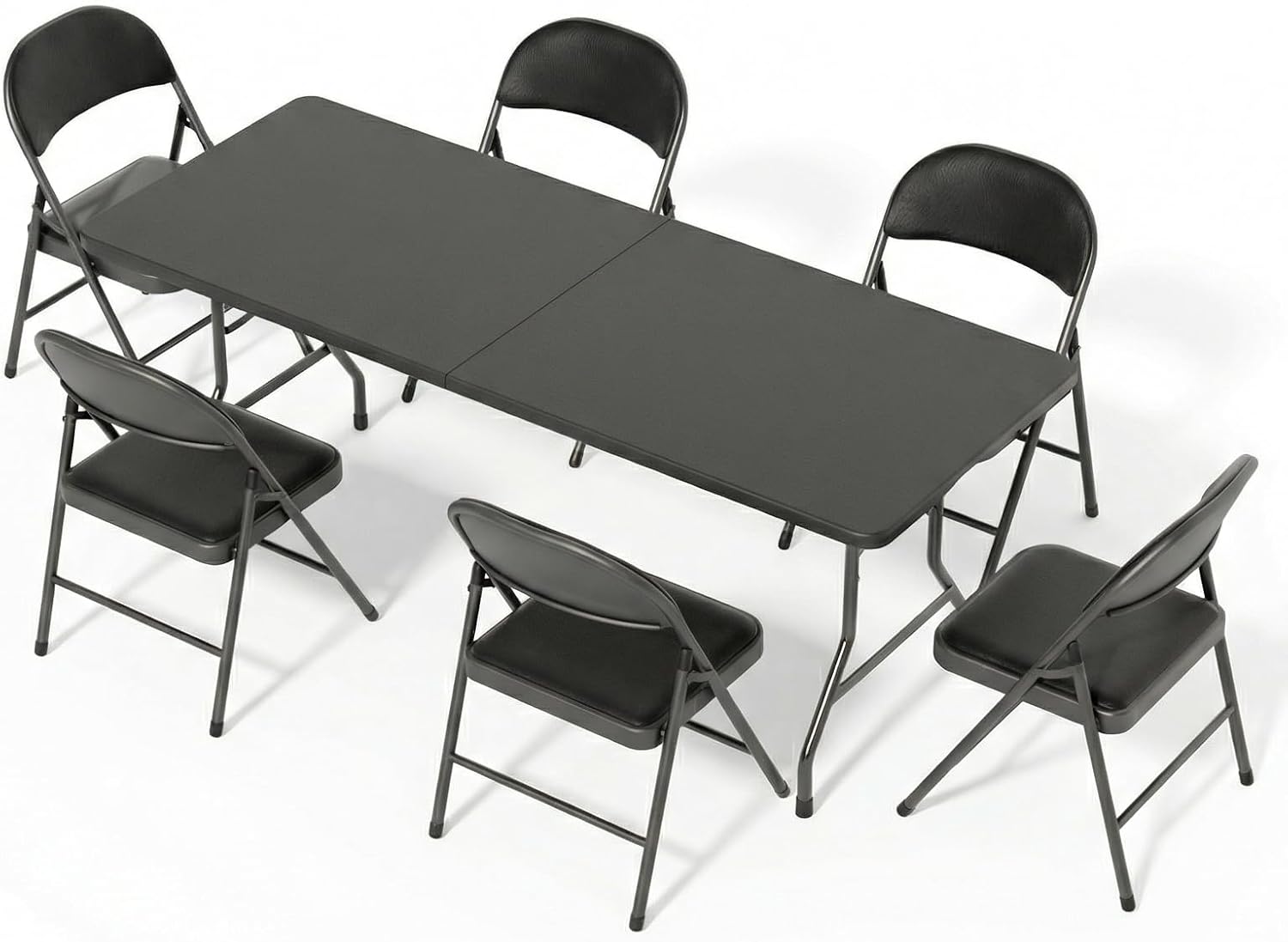6FT Black Plastic Folding Table Set with 6 Black PU Padded Chairs | Portable Foldable Tables and Chairs for Parties Picnic Events Office Dining Outdoor Activities Home and Commercial Use