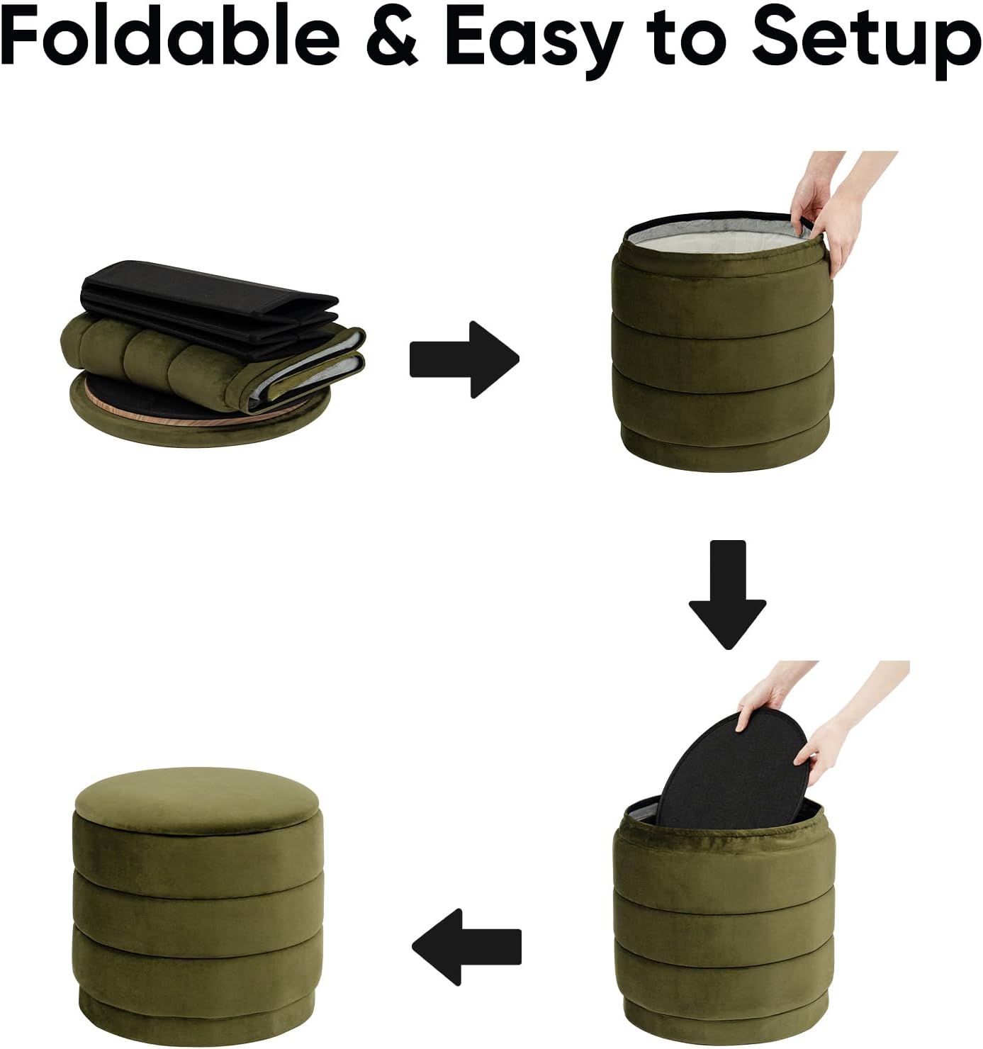 15.4" Round Velvet Storage Ottoman with Reversible Lid, Upholstered Circular Ottoman Footrest with Hidden Storage, Foldable Padded Footstool for Dorm Living Room & Bedroom, Olive Green