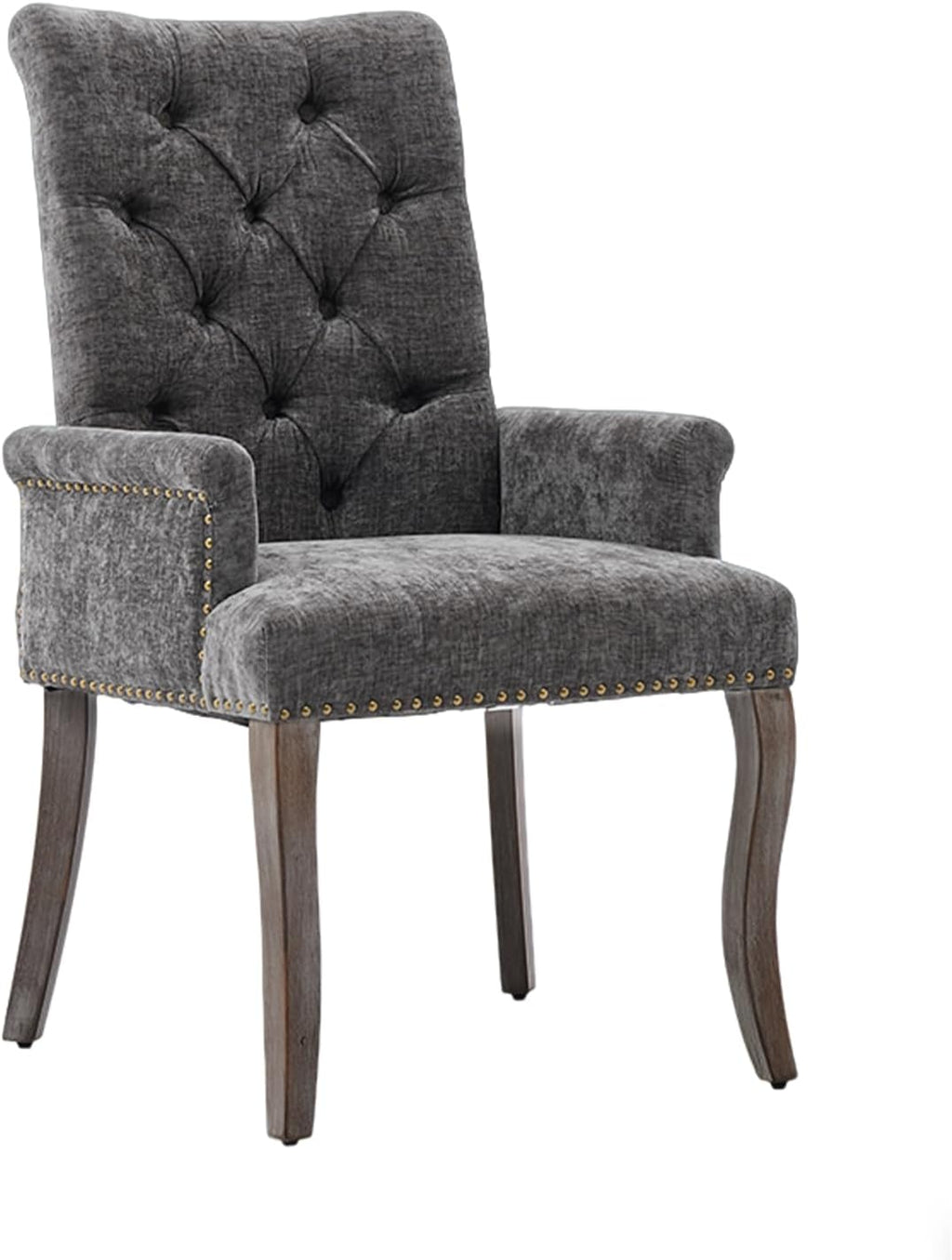 Shenyon Grey Single Dining Chair with Arms, Chenille Upholstered Dining Room Chairs with Tufted Back and Solid Wood Legs, Accent Armchair for Dining Room, Kitchen,Living Room, Grey
