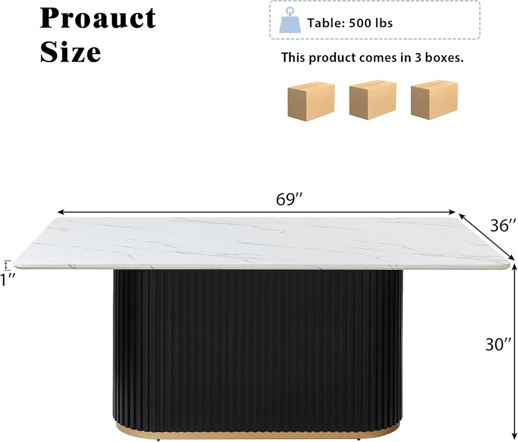 69" Large Dining Table, Rectangle Dining Table with White Faux Marble Top and Black Wave Metal Base, Modern Office Computer Dinner Table for Kitchen & Dining Room