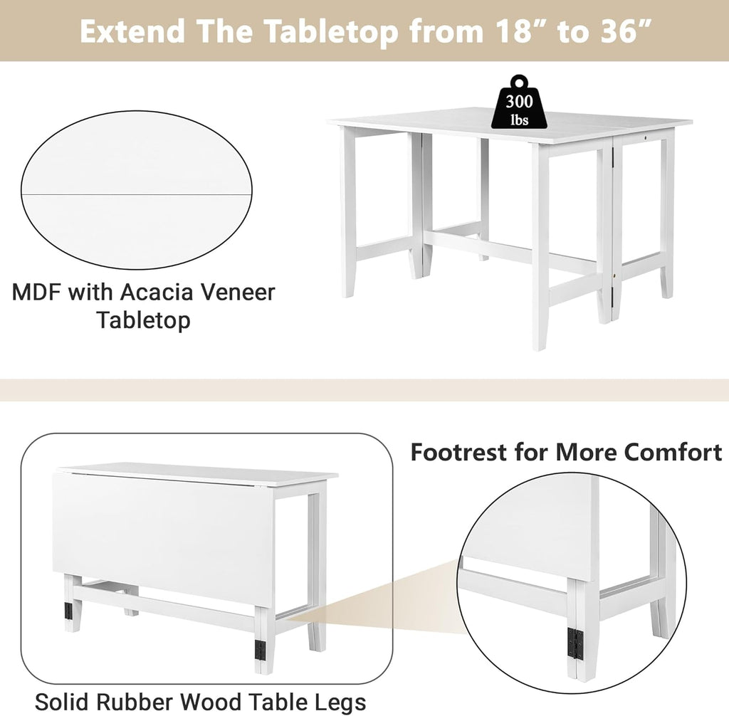GDFStudio Marford 47" Extendable Dining Table, Modern Rectangular Kitchen Dinner Table for 4 with Drop Leaf, Wooden Dining Furniture for Kitchen Office Conference Room, Console Dining Table, White