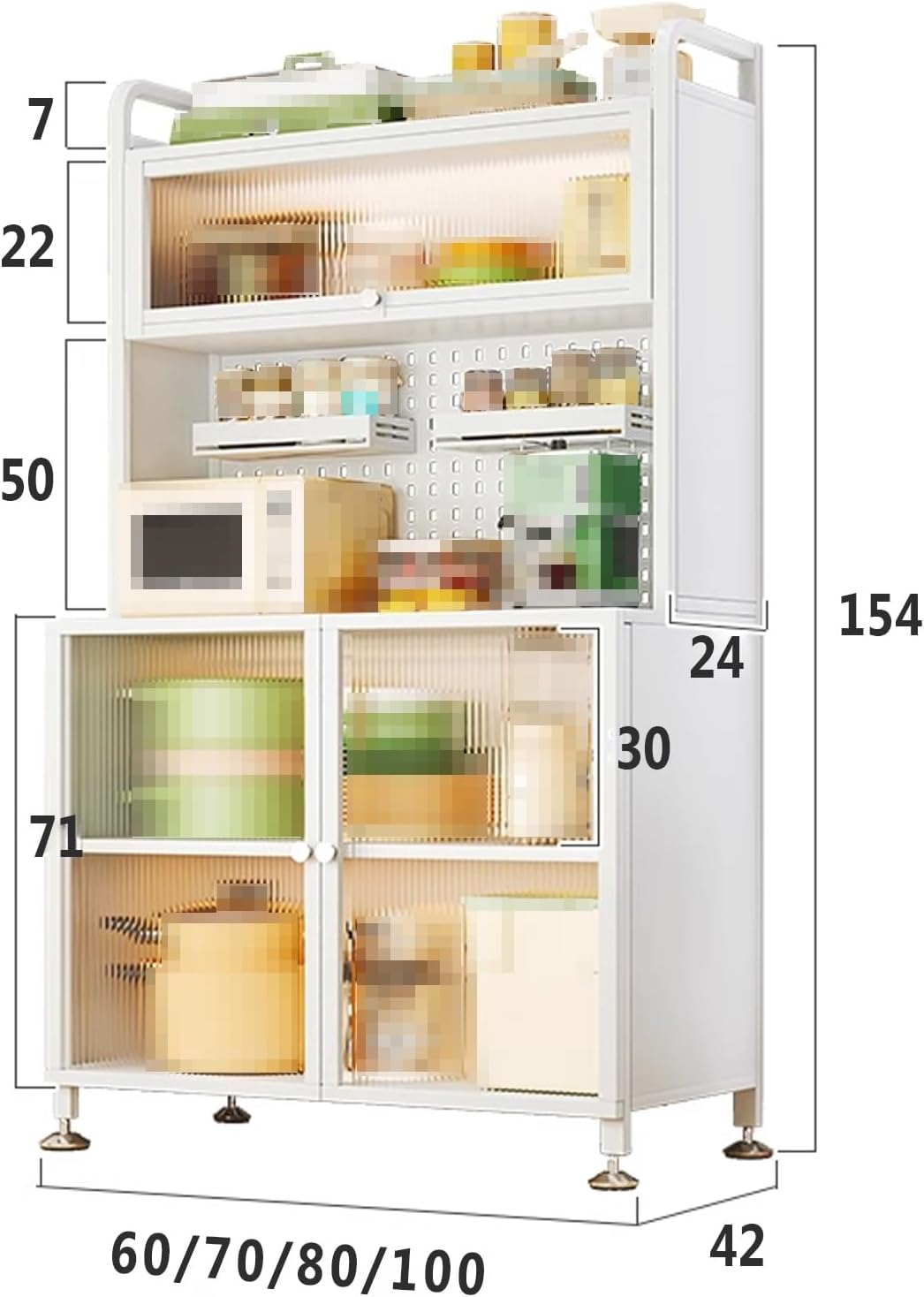 Kitchen Cabinets with Countertop, 15 * 15mm Thick Carbon Steel Square Tube, Glass Panel Hole Board Design Pantry, for Kitchen, Living, Study Room(White,80cm*42cm*154cm)