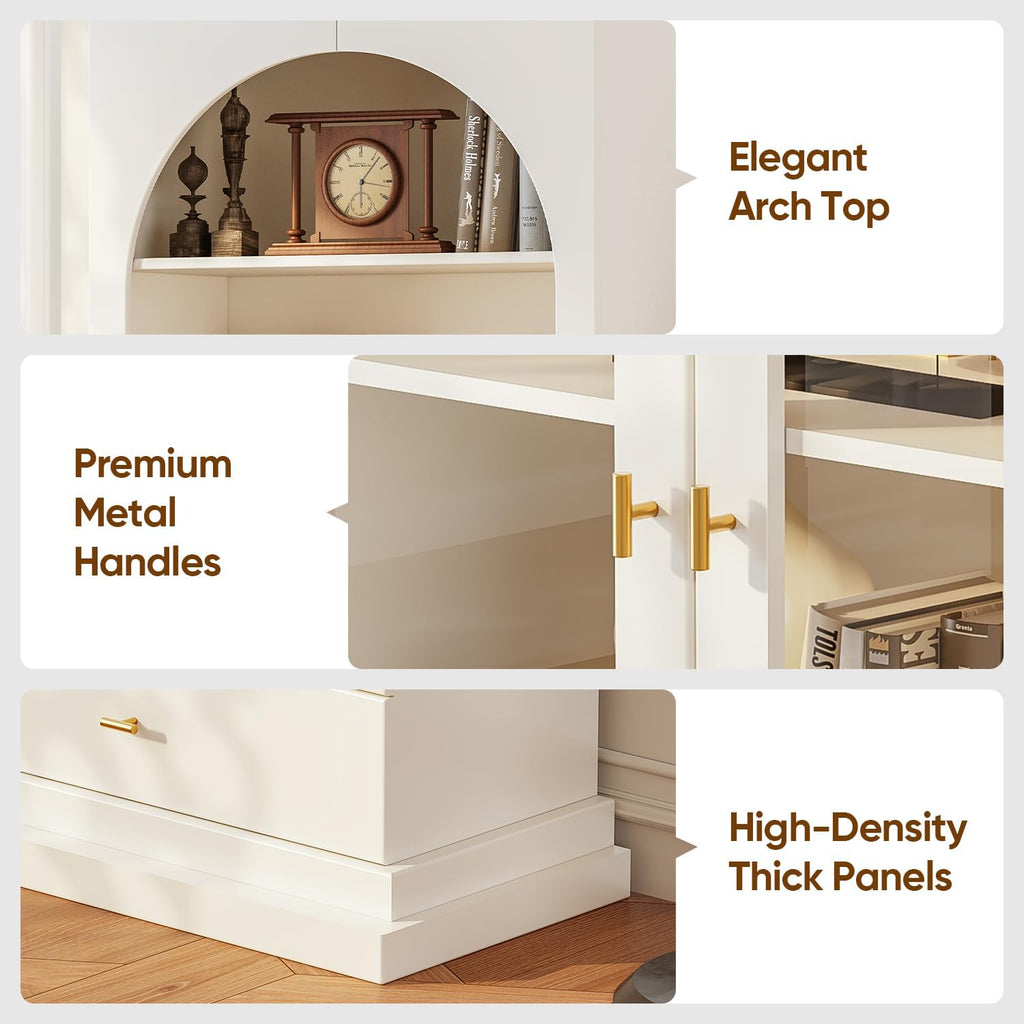 Vyre 71" Arched Kitchen Cabinet with Glass Doors, Tall Display and Storage Cabinet with Drawers for Dining Room or Living Room, Modern Pantry Cabinet with Gold Handles, White