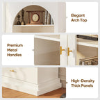 Vyre 71" Arched Kitchen Cabinet with Glass Doors, Tall Display and Storage Cabinet with Drawers for Dining Room or Living Room, Modern Pantry Cabinet with Gold Handles, White