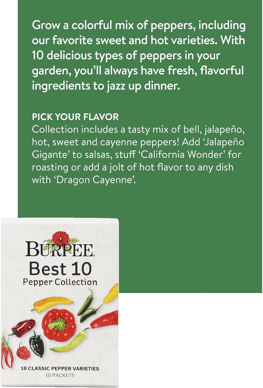 Burpee Best Collection | 10 Packets of Non-GMO Fresh Mix of Hot Pepper & Sweet Varieties | Jalapeno, Bell Pepper Seeds & More, Seeds for Planting