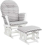 HomeStock Glider and Ottoman Set - Padded Arms, Storage Pockets, Metal Bearings White and Gray Chevron