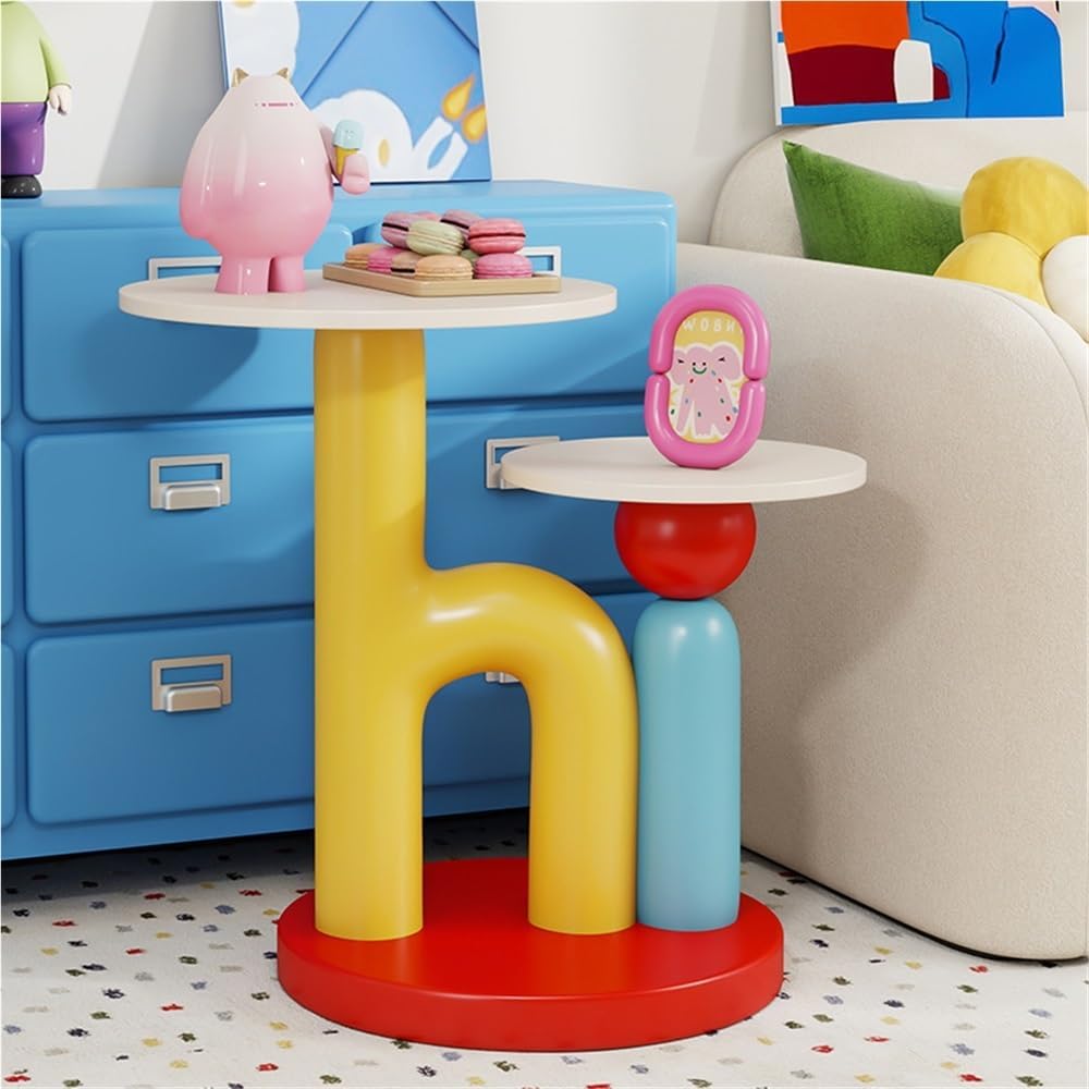 Round End Table with Double-Layer Tabletop, Cute HI-Shape Side Table, Colorful Bedside Table with Stable Base, Coffee Table for Living Room