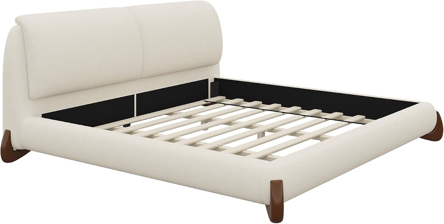 Merax King Chenille Platform Bed with 2 Removable Headboard Pillows, Beige