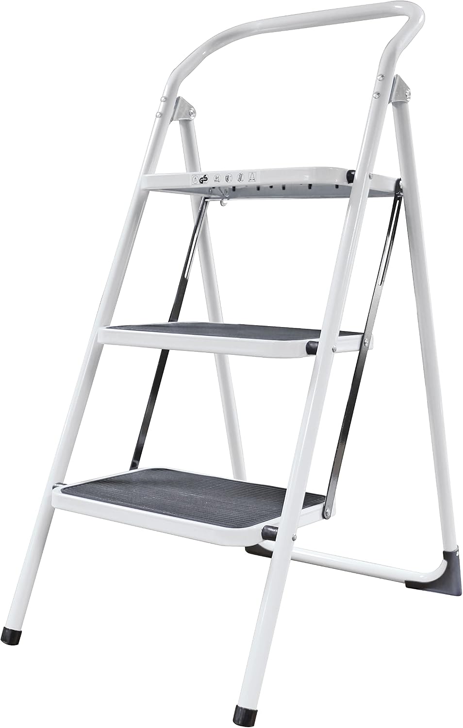 Amig - Folding Steel Stool - 3 Non-Slip Treads - Max Load 150 kg - Professional & Domestic Use - Space-Saving Design - Ideal for Small Heights, White, 103 cm, Alloy Steel