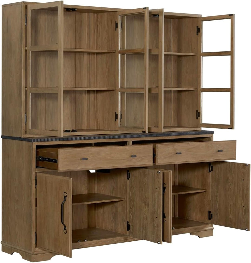 2 Piece Cabinet (Hutch and Buffet) - Almond with Solid Wood and MDF | Two-piece design with concrete top and framed glass doors