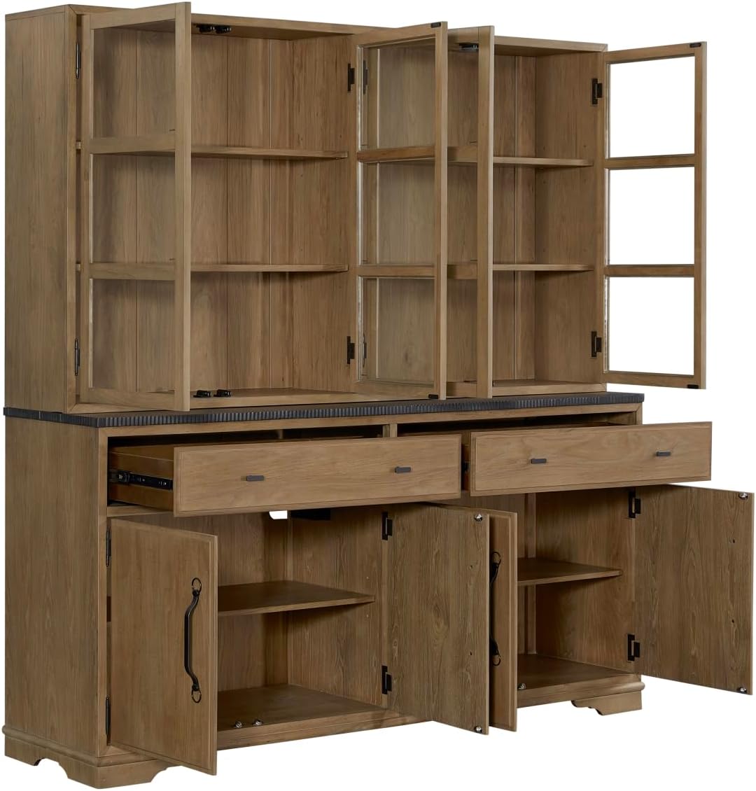 2 Piece Cabinet (Hutch and Buffet) - Almond with Solid Wood and MDF | Two-piece design with concrete top and framed glass doors