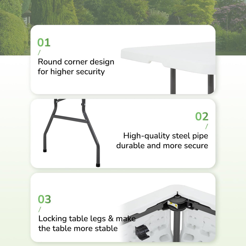 PayLessHere | 6FT Folding Table | Portable Plastic Table with Carry Handle | Waterproof & Foldable Table Design | Steel Frame with Lock | White | for Events, Camping, Indoor & Outdoor Use