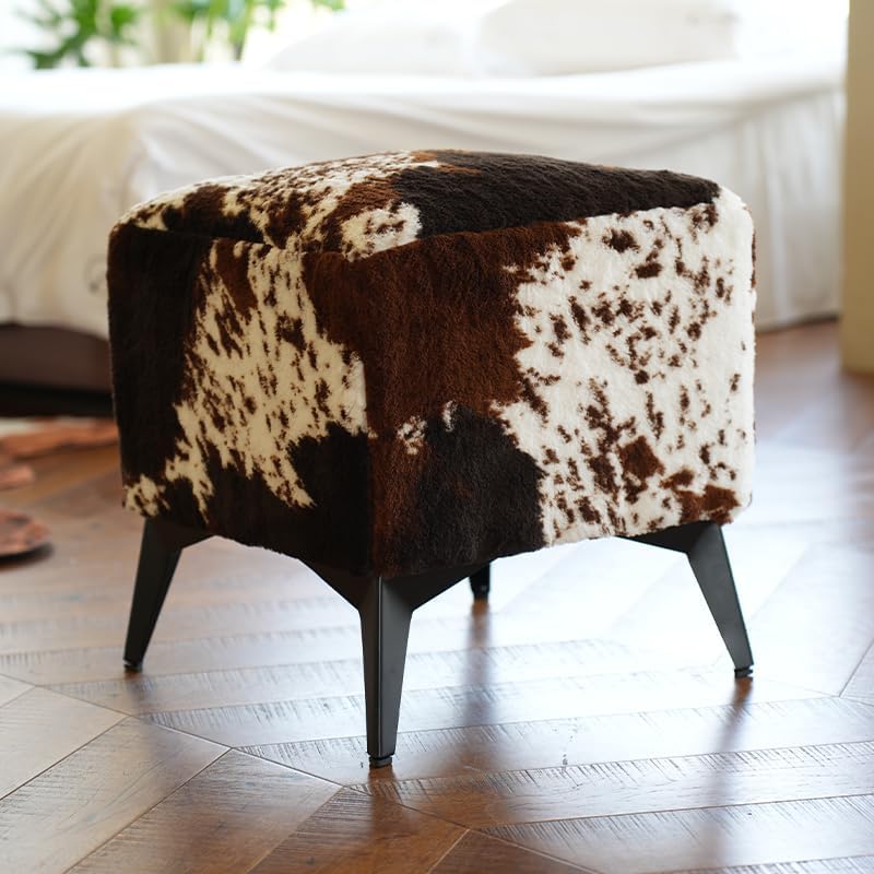 Tricolor Cow Print Ottoman, Faux Cowhide Footstool, Western Style | 16x16x17 Inch Cube Stool, Solid Metal Legs, Animal Print Ottoman, Farmhouse Decor for Living Room, Bedroom, Entryway