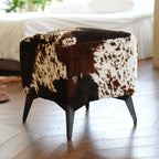 Tricolor Cow Print Ottoman, Faux Cowhide Footstool, Western Style | 16x16x17 Inch Cube Stool, Solid Metal Legs, Animal Print Ottoman, Farmhouse Decor for Living Room, Bedroom, Entryway