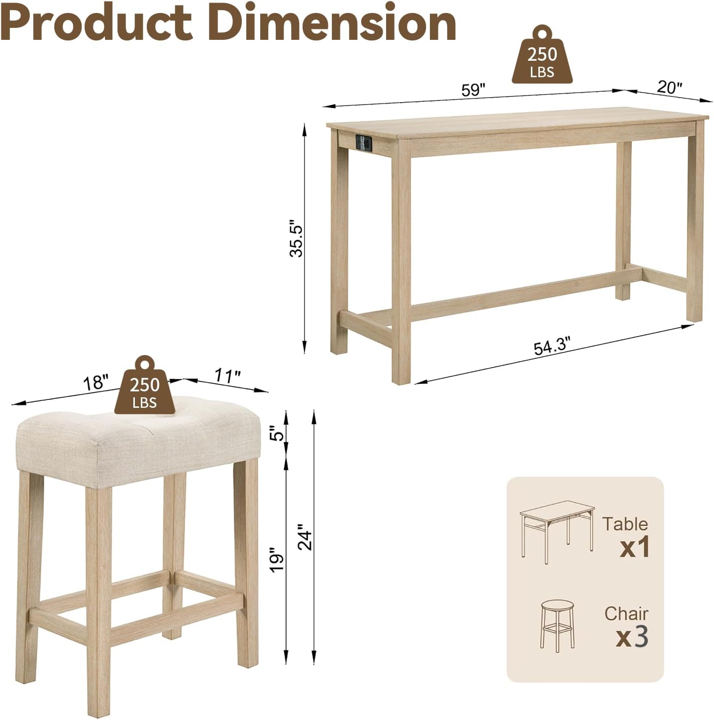 59" Counter Height Bar Table Set with Power Outlet, Industrial Breakfast Table with 3 Padded Stools, 4 Piece Bar Table and Chairs Set for Living Room, Dining Room, Light Oak