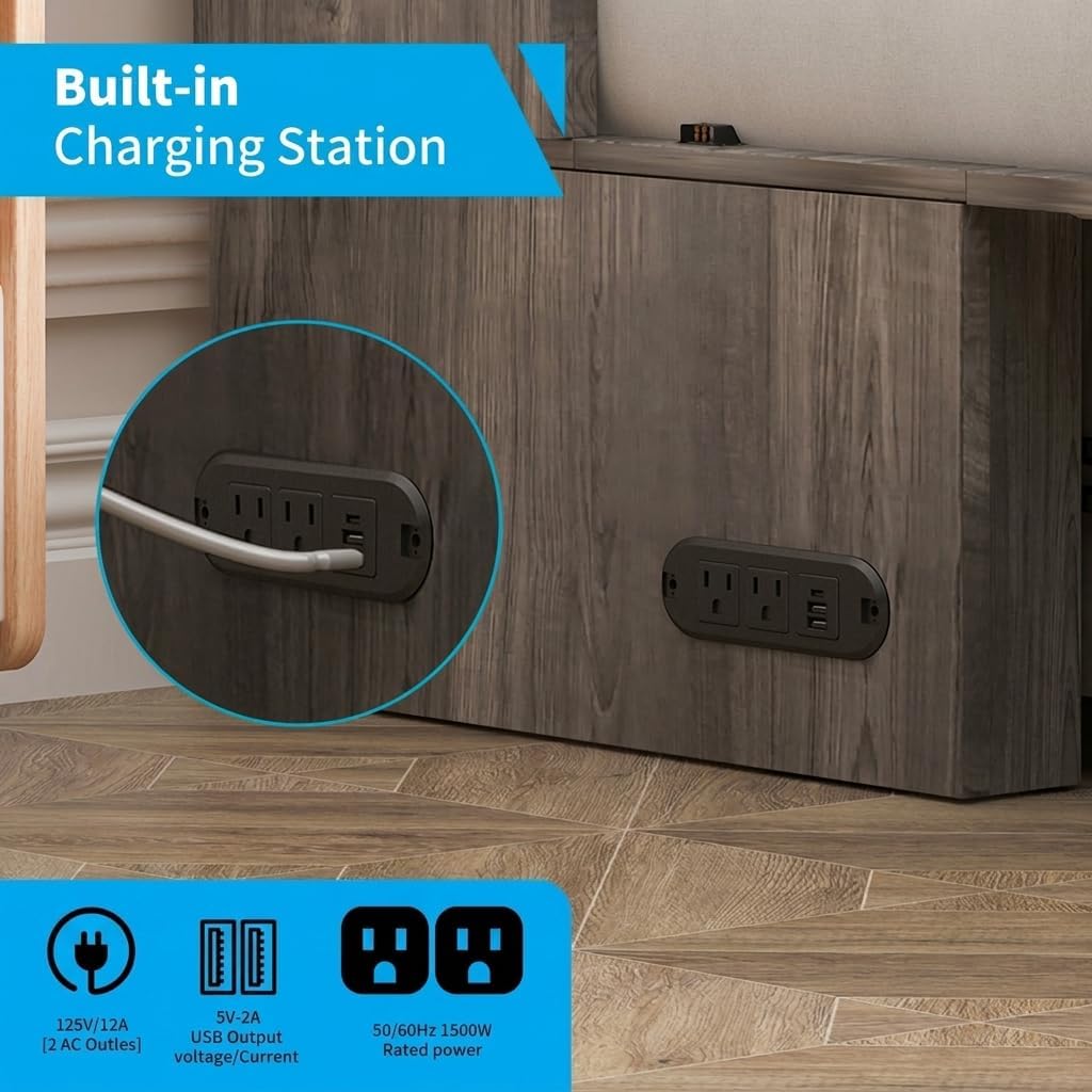 Mjkone Queen Murphy Bed, Cabinet Beds Queen Size with Tri-Fold Mattress Included, Charging Station, Hidden Storage Drawers, Space Saving Murphy Chest Beds, Cabinet Guest Wall Bed for Apartment, Grey