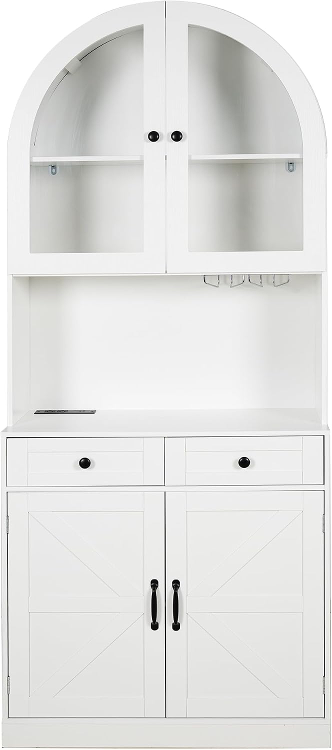 75" Farmhouse Tall Arched Pantry Cabinet with Charging Station & Bar, White | Adjustable Shelves, Open Countertop for Coffee Bar, empered Glass Door, Barn Door Lower Cabinet, Smooth-Glide Drawer