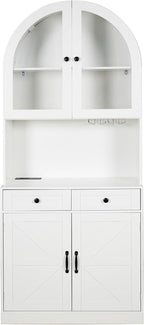 75" Farmhouse Tall Arched Pantry Cabinet with Charging Station & Bar, White | Adjustable Shelves, Open Countertop for Coffee Bar, empered Glass Door, Barn Door Lower Cabinet, Smooth-Glide Drawer