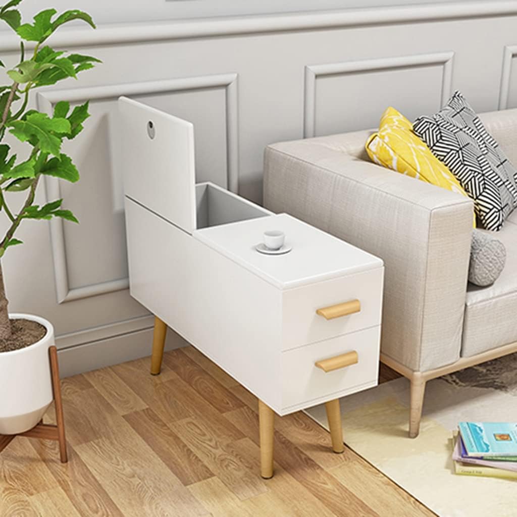 Sofa Side Table with 2 Drawer, Flip Lid Storage Narrow and Long Storage Cabinet, Solid Wood Cabinet Legs, Hydraulic Hinges, Corner Table for Living Room