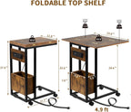 Hadulcet C Shaped End Table with Charging Station & Foldable Tabletop, Folding TV Tray Table with Storage, Laptop Table for Couch, C Table for Sofa, Living Room Bedroom Small Spaces, Rustic Brown