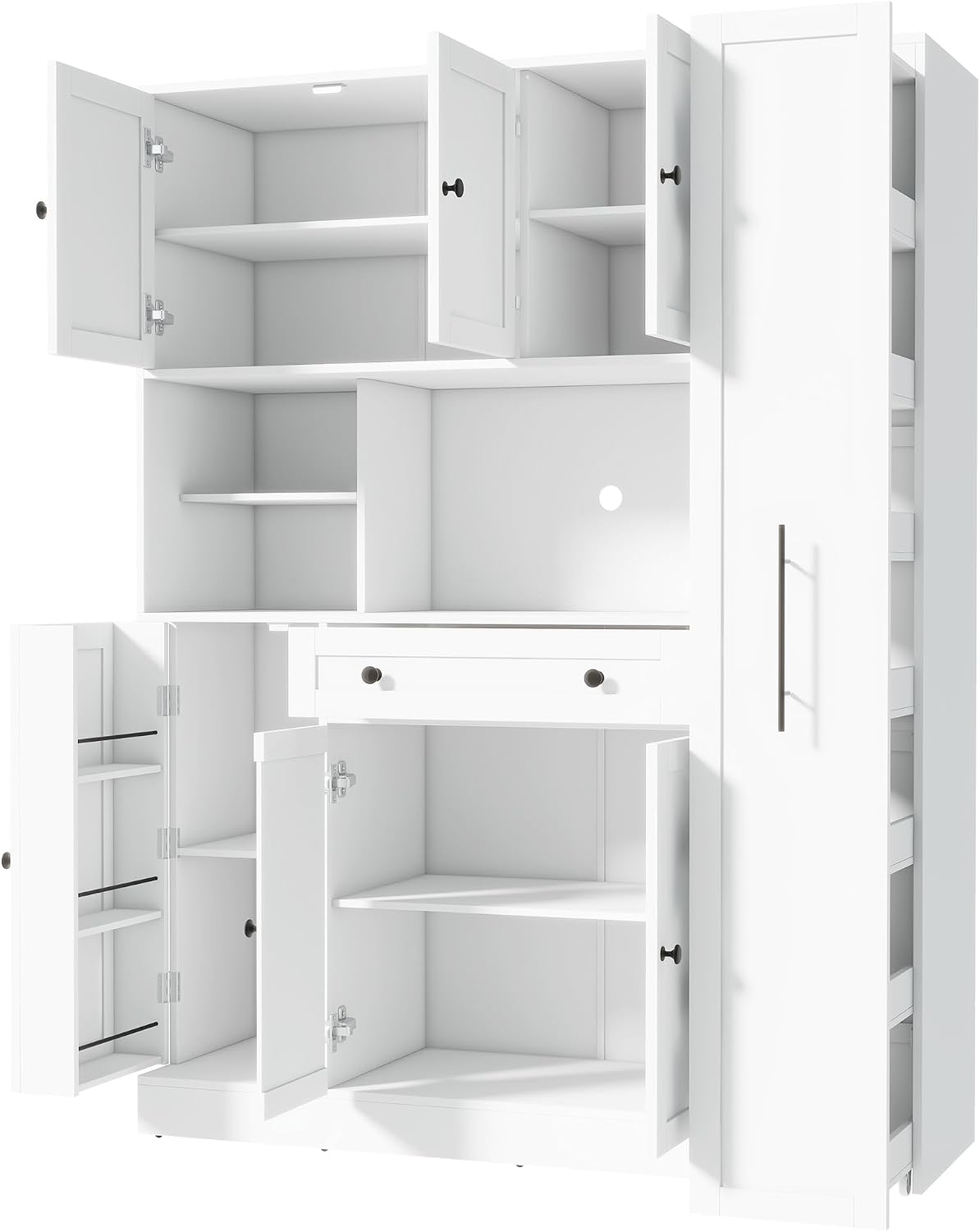 Merax 70'' Tall Traditional Freestanding Buffet with Hutch, Large Kitchen Pantry Storage Cabinet Cupboard with Pull-Out Side Cabinet, Door Shelves and Drawer, White