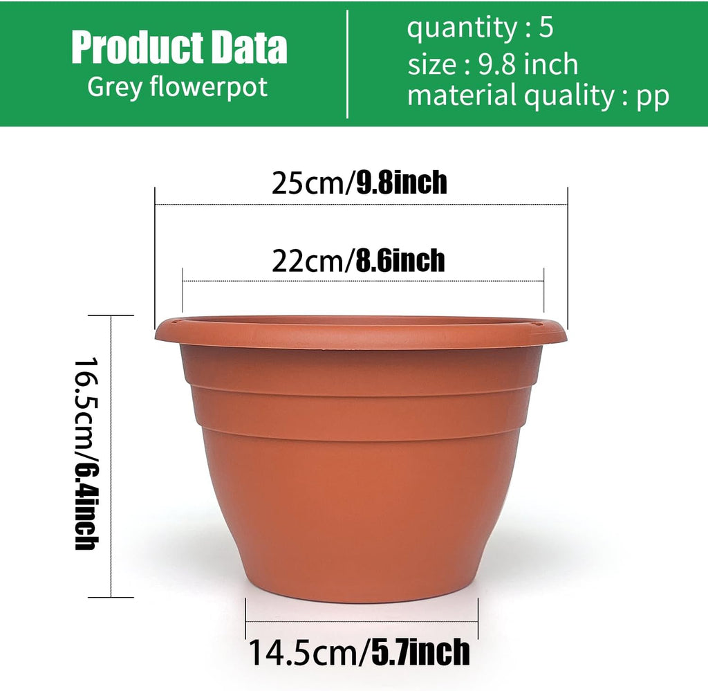 Plant Pots Set of 5, 10" Outside Diameter Flower Pots, 8.5" Inner Diameter Plant Planters with Drainage Hole, Durable Garden Pots Perfect for Indoor & Outdoor Plant Planting, Decor(Pottery Red)
