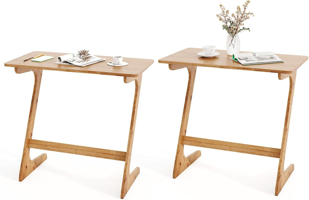 Giantex Bamboo TV Tray Table Set of 2, Z Shaped Sofa Side Table for Eating Snacks Coffee Laptop, Modern TV Dinner for Small Spaces Living Room Bedroom, Natural