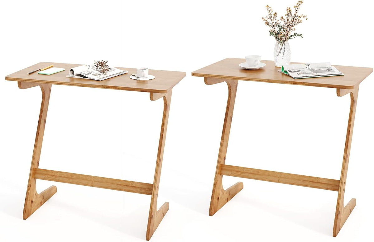 Giantex Bamboo TV Tray Table Set of 2, Z Shaped Sofa Side Table for Eating Snacks Coffee Laptop, Modern TV Dinner for Small Spaces Living Room Bedroom, Natural