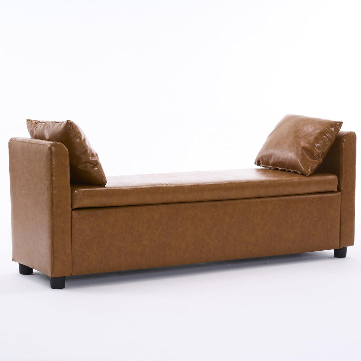 Storage Bench for Bedroom, 55" End of Bed Bench for King Size Bed, Modern Upholstered Long Ottoman Bench with Arms and 2 Pillows for Living Room/Entryway (Faux Leather - Camel)