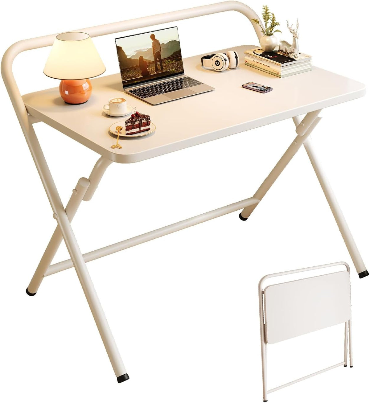 Folding Table, Small Computer Desk, Foldable Desk for Bedroom, Mini Desk for Home Office&Study, 24x16 Inches, No Assembly Required, Wood Top with Metal Frame, White