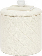 B FSOBEIIALEO Ottoman with Stroage, Boucle Round Storage Ottoman with Tray, Foot Rest Stool for Dorm Room, Living Room White, 12.99"x12.99"x13.78"