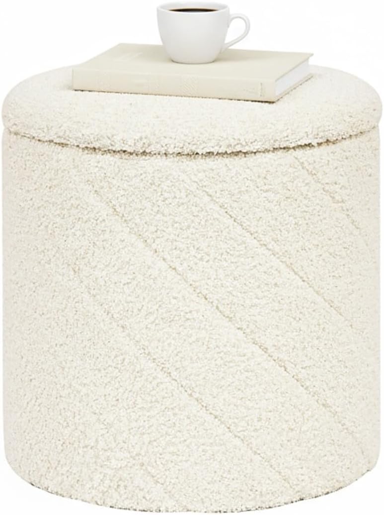 B FSOBEIIALEO Ottoman with Stroage, Boucle Round Storage Ottoman with Tray, Foot Rest Stool for Dorm Room, Living Room White, 12.99"x12.99"x13.78"