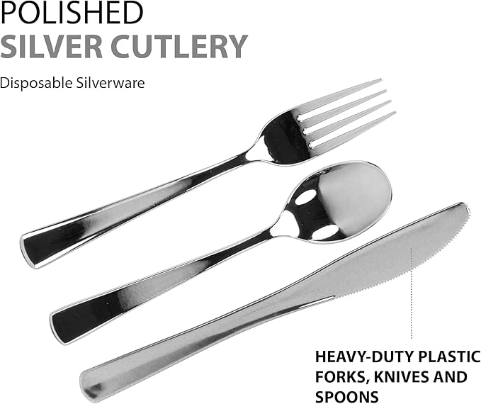 Plastic Cutlery Silverware Extra Heavyweight Disposable Flatware, Full Size Cutlery Combo, Polished Silver, 80 Forks, 40 Spoons, 40 Knifes, Value Pack 160 Count