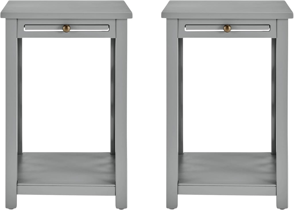 Alaterre Furniture Coventry 2-Pack Wood End Tables – Compact Side Tables with Pull-Out Tray, Bottom Shelf, and Open Square Side Panels – Easy Assembly Storage Tables for Living Room or Bedroom (Gray)