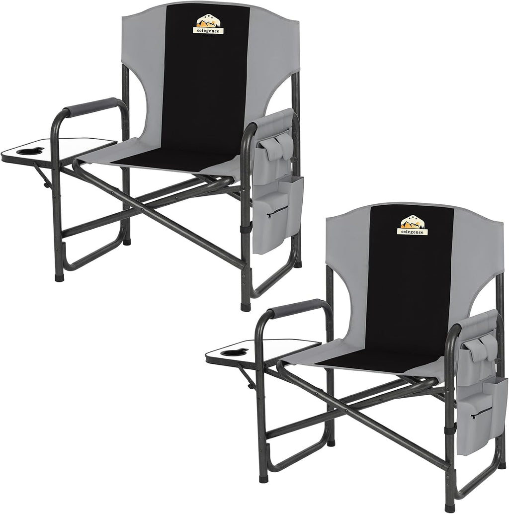 Colegence Oversized Directors Camping Chairs, 2 Pack, 600 lb, Black | Heavy duty outdoor chairs for adults, 28" wide seat, supportive back, side table, cup holder, detachable storage pocket