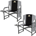 Colegence Oversized Directors Camping Chairs, 2 Pack, 600 lb, Black | Heavy duty outdoor chairs for adults, 28" wide seat, supportive back, side table, cup holder, detachable storage pocket