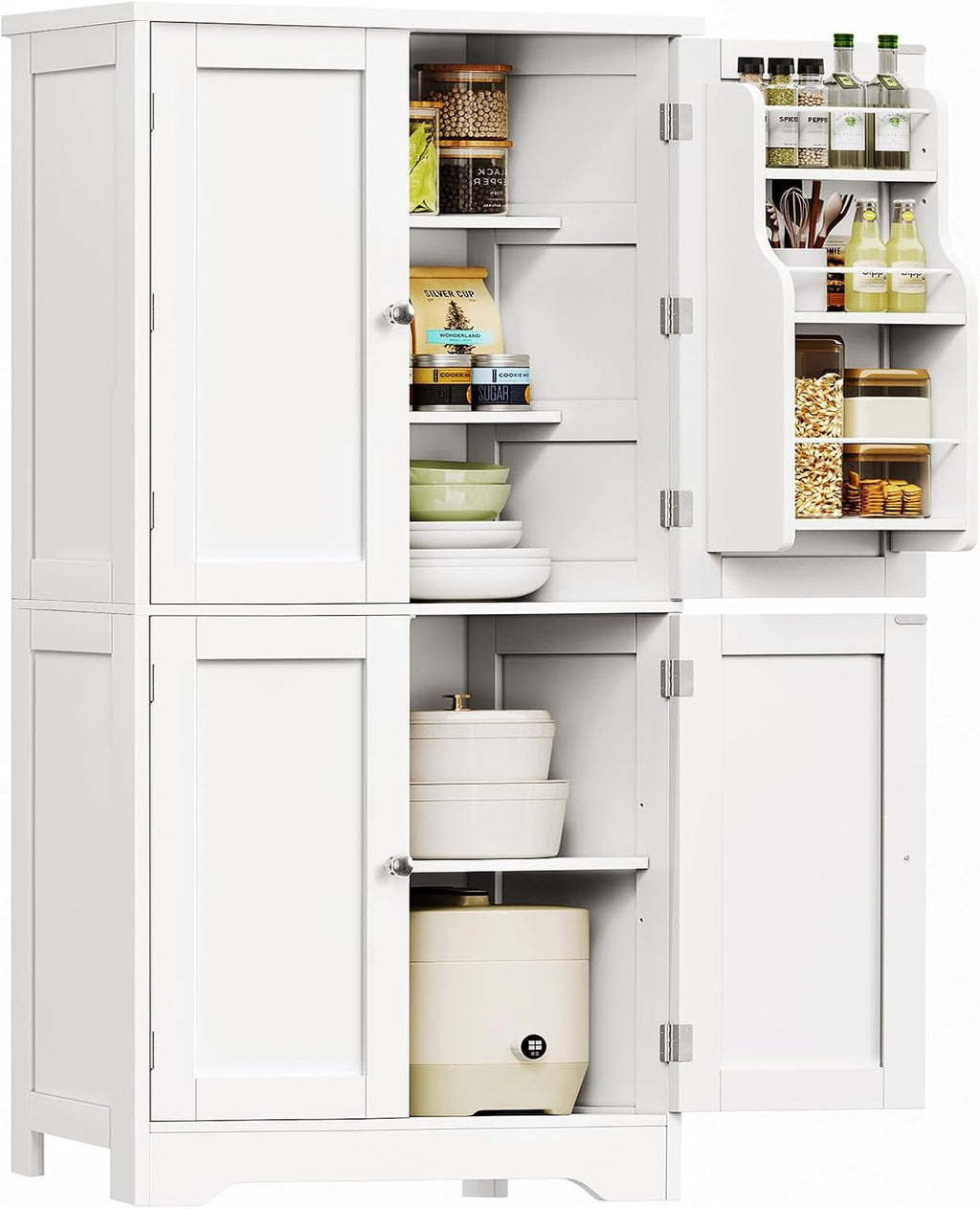 TEENFON 51" H Pantry Cabinet with 4 Doors, Kitchen Cabinet with 6 Door Shelves, Storage Cabinet for Living Room, Dining Room, Bathroom, White