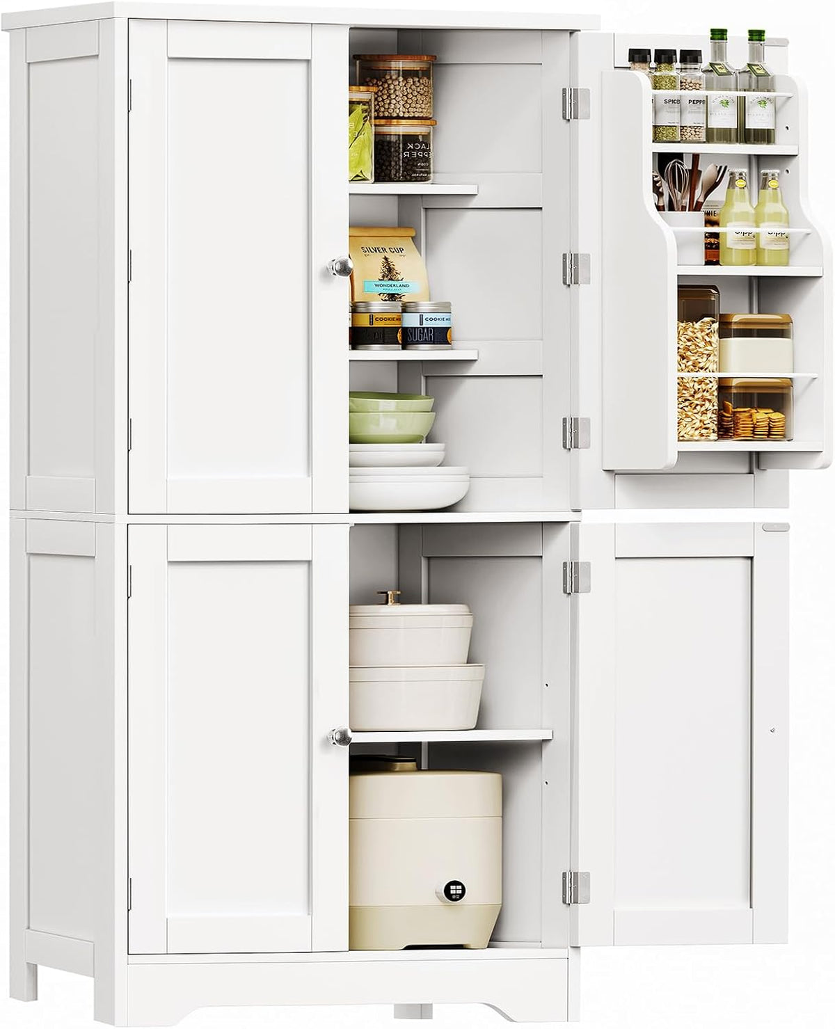 TEENFON 51" H Pantry Cabinet with 4 Doors, Kitchen Cabinet with 6 Door Shelves, Storage Cabinet for Living Room, Dining Room, Bathroom, White