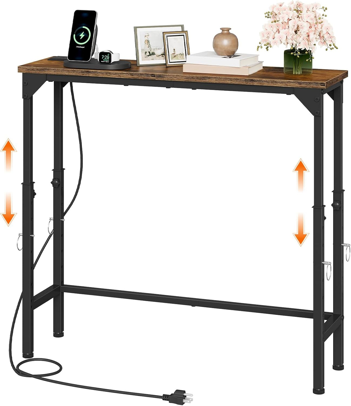 CHOEZON 29.5" Narrow Console Table with Adjustable Height (21.1"-29.9"), Behind Couch Table, Entryway Table with Power Outlet, Narrow Sofa Table, for Entryway, Rustic Brown and Black TXG10UBF