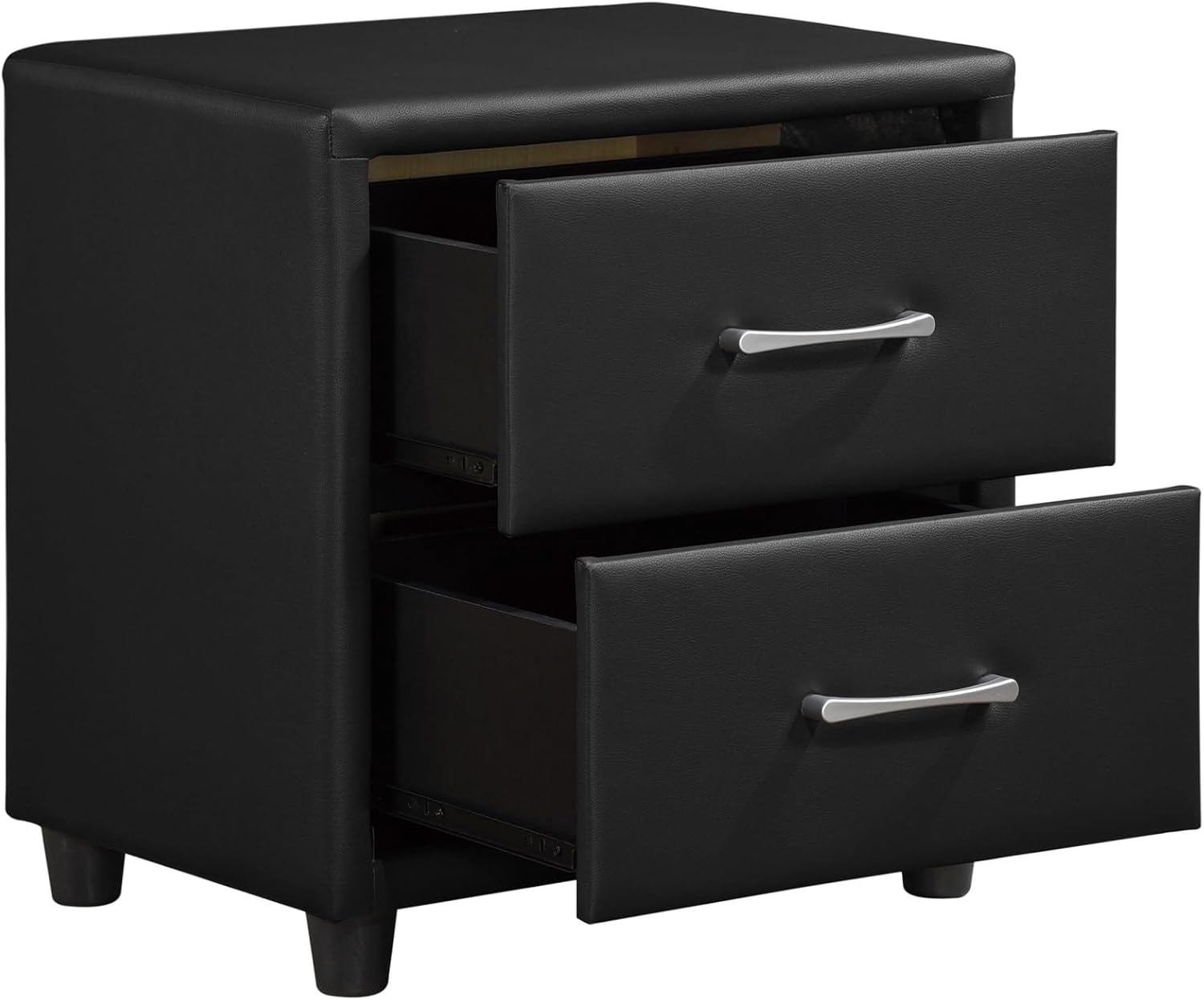 Contemporary Durable Faux Leather Covering Nightstand of Drawers Silver Tone Bar Pulls Stylish Furniture,for Small Spaces