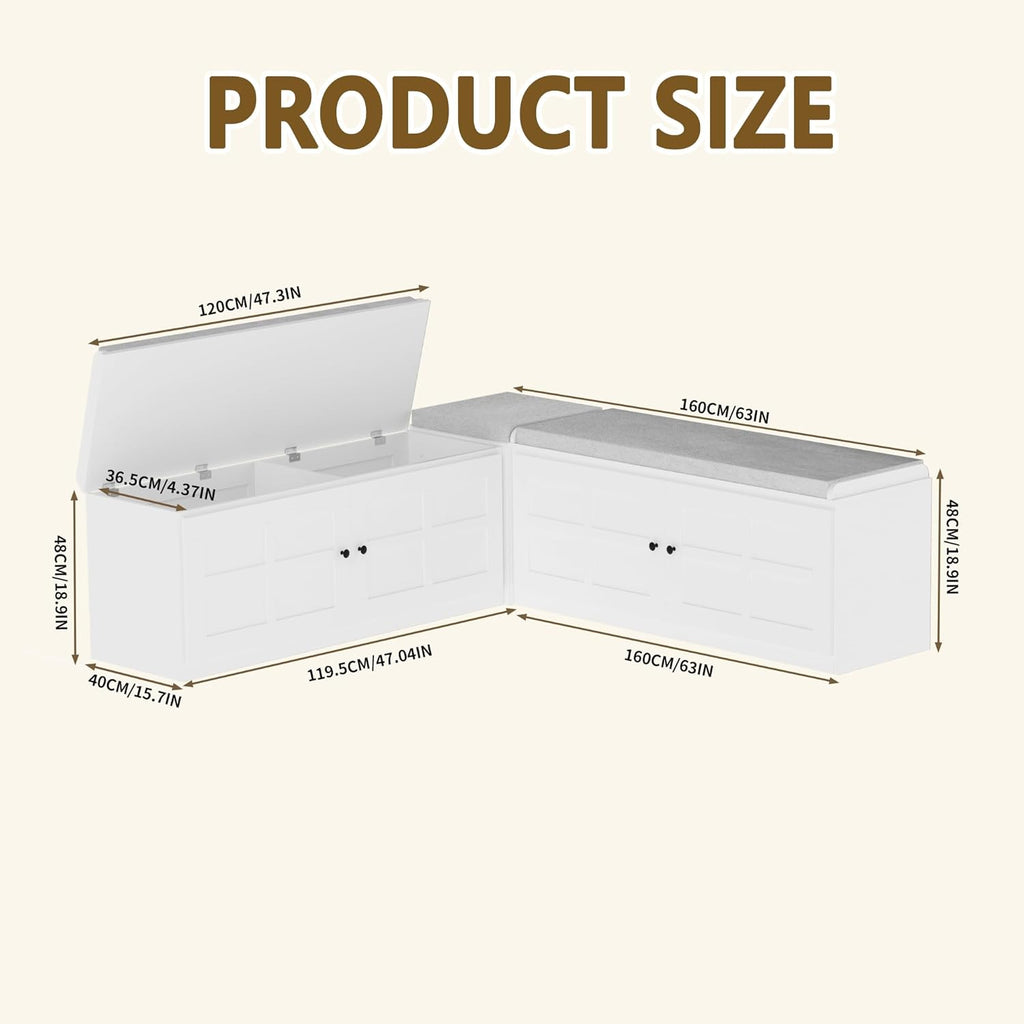 L-Shape Storage Bench with Cushion, Backless Corner Dining Nook Bench with Hidden Storage for Kitchen, Entryway, Cloakroom