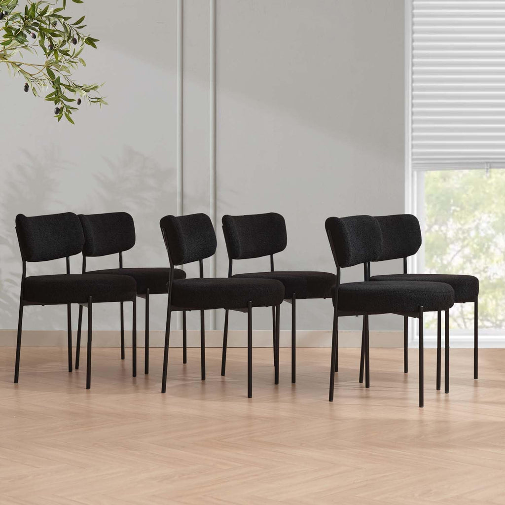2.7" Black Dining Chairs Set of 6, Boucle Dining Chair with Curved Backrest & Metal Legs, Kitchen Chairs with Adjustable Non-Slip Foot Pads, Mid Century Dining Chair for Living Room
