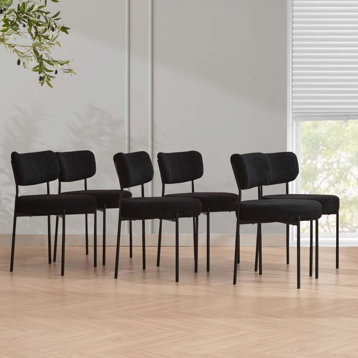 2.7" Black Dining Chairs Set of 6, Boucle Dining Chair with Curved Backrest & Metal Legs, Kitchen Chairs with Adjustable Non-Slip Foot Pads, Mid Century Dining Chair for Living Room