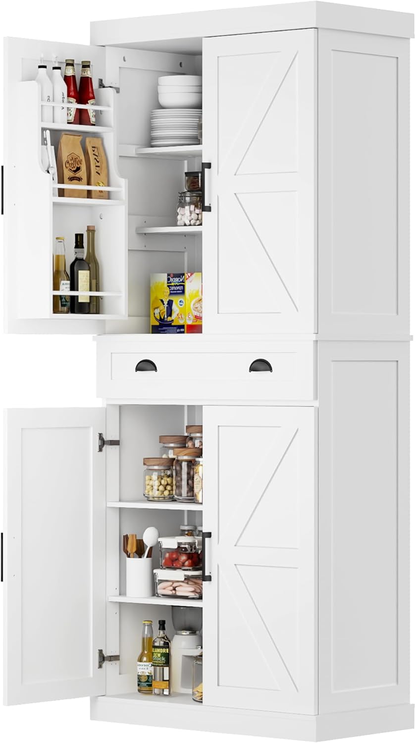 Tall Free Standing Kitchen Pantry Storage Cabinet, Wooden Farmhouse Style, Deep Organization for Kitchen