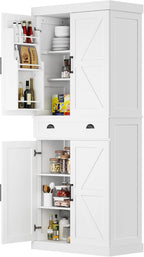 Tall Free Standing Kitchen Pantry Storage Cabinet, Wooden Farmhouse Style, Deep Organization for Kitchen