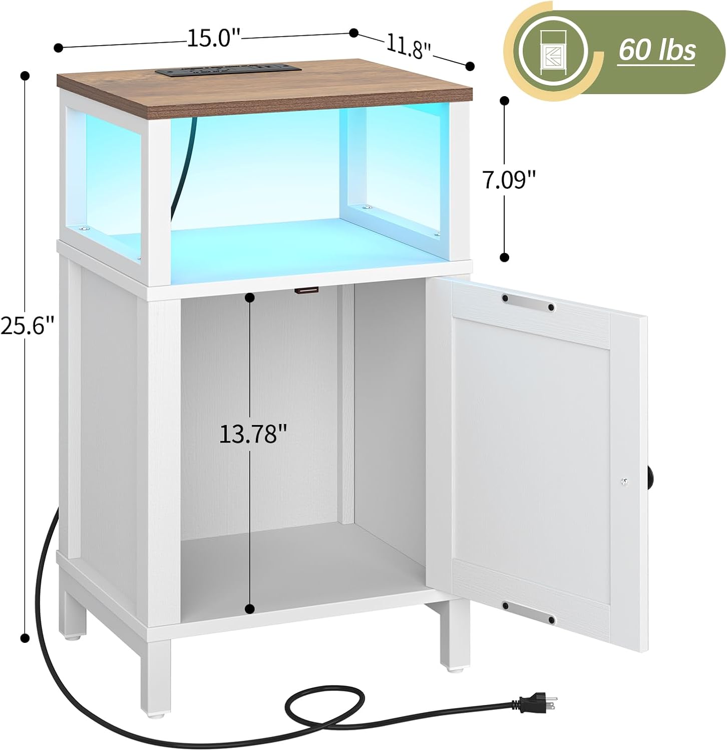 Yoobure Farmhouse NightStand with Charging Station，Wood Night Stand End Table with USB Ports, LED Bed Side Table with Storage Cabinet，Bedside Table for Bedroom, Living Room White
